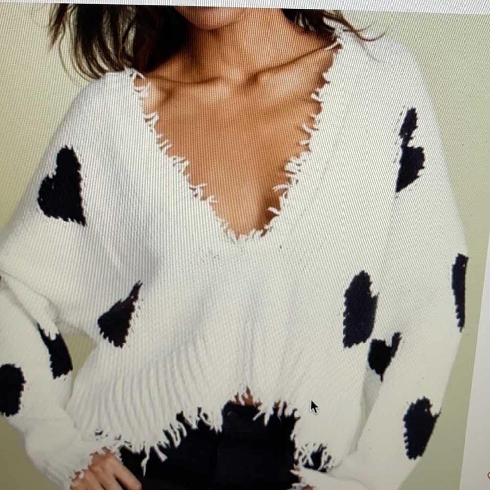 Wildfox Palmetto reversible deep Vee neck white sweater with black hearts.